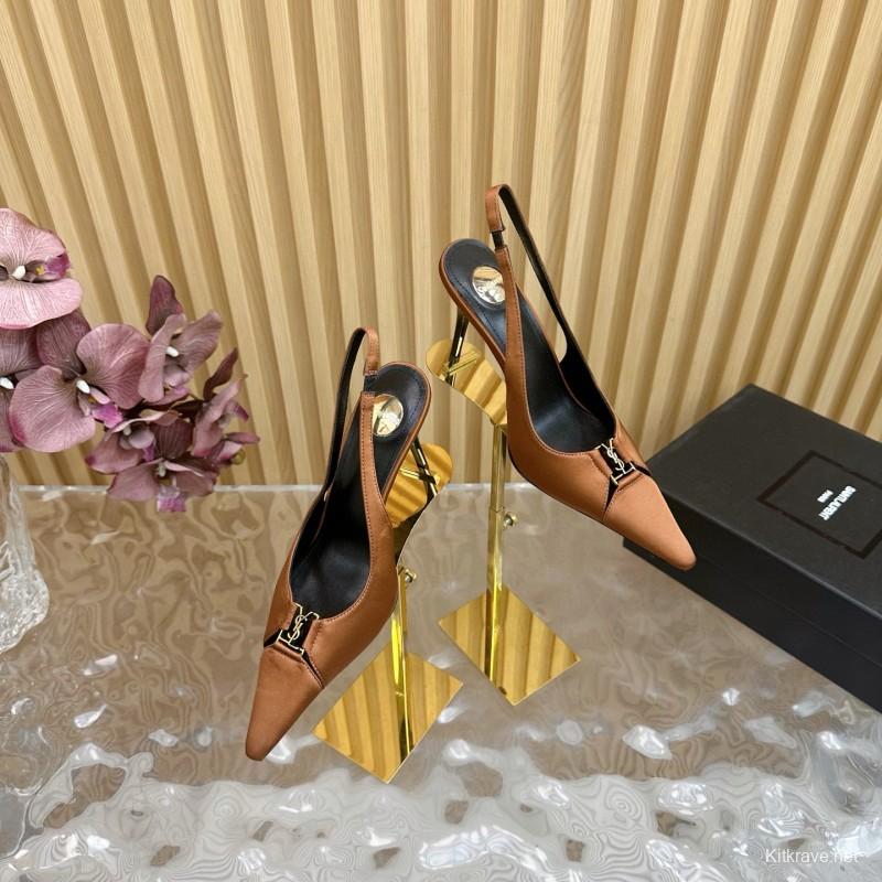2025 Women Yves Saint Laurent Brown Leather Slingback Pumps MJ00300