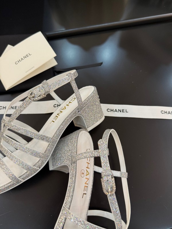 2025 Women Chanel White Synthetic Leather Sandals