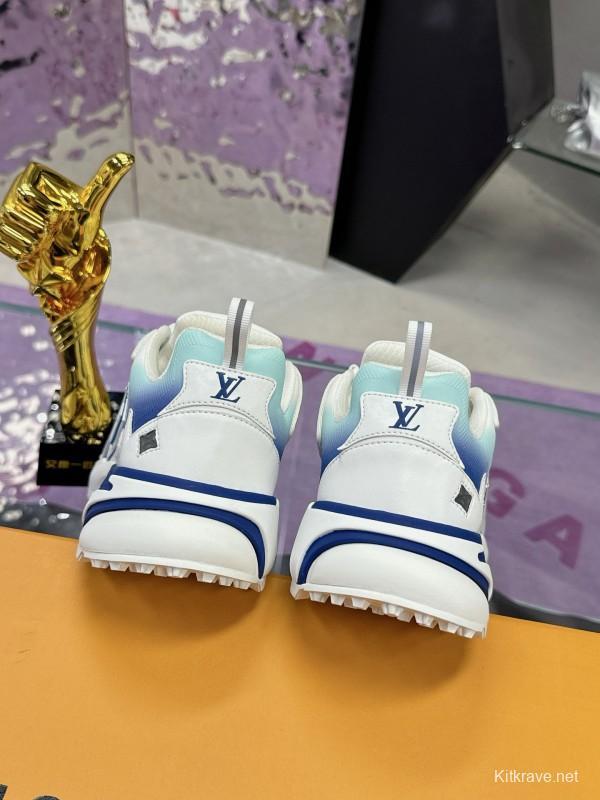 2025 Men Louis Vuitton Blue White Mesh Leather Sneakers MJ00420