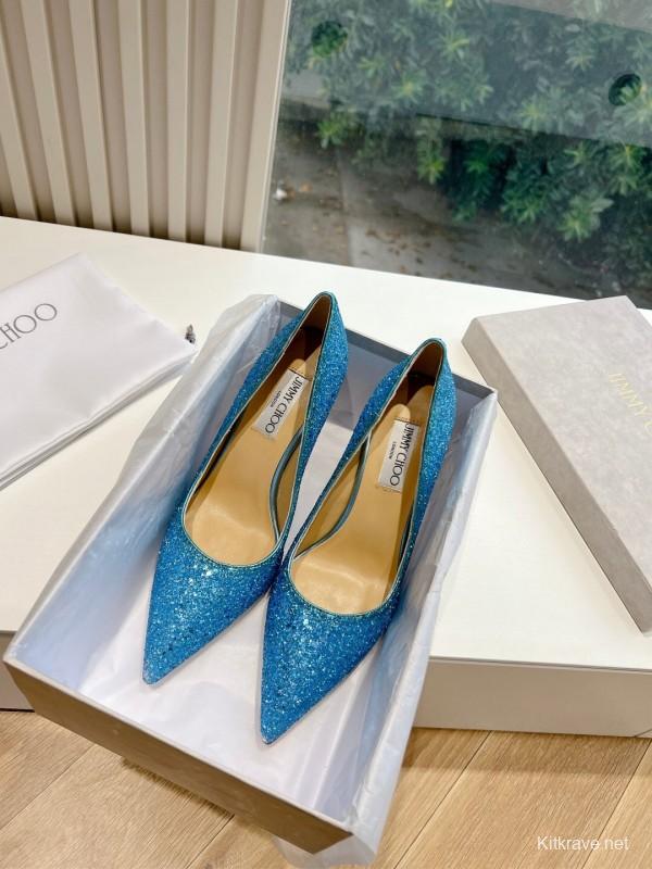 2025 Women Jimmy Choo Blue Glitter Leather Pumps