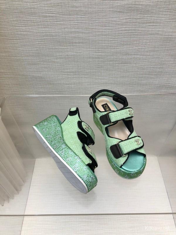 2025 Slippers Chanel Mint Green Textile Platform Sandals LY00330