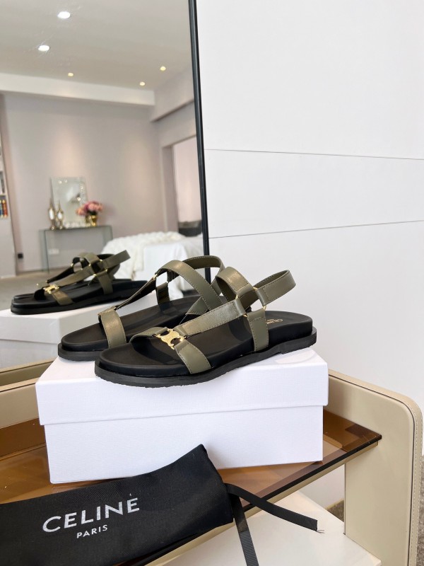 2025 Women Celine Khaki Leather Sandals