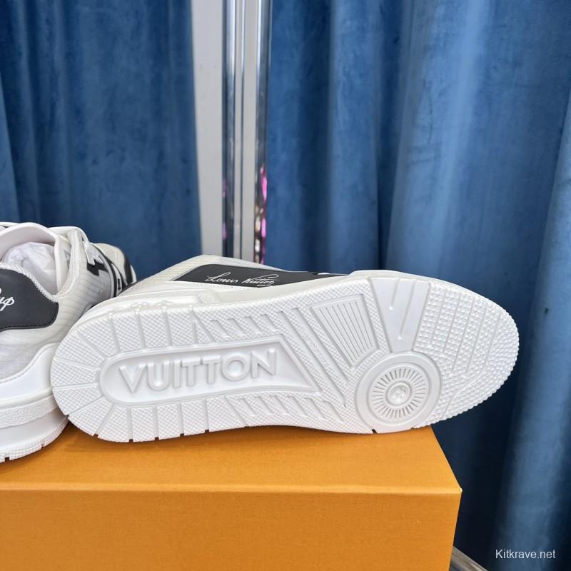 2025 Unisex Louis Vuitton White Black Calf Leather Sneakers LV Trainer