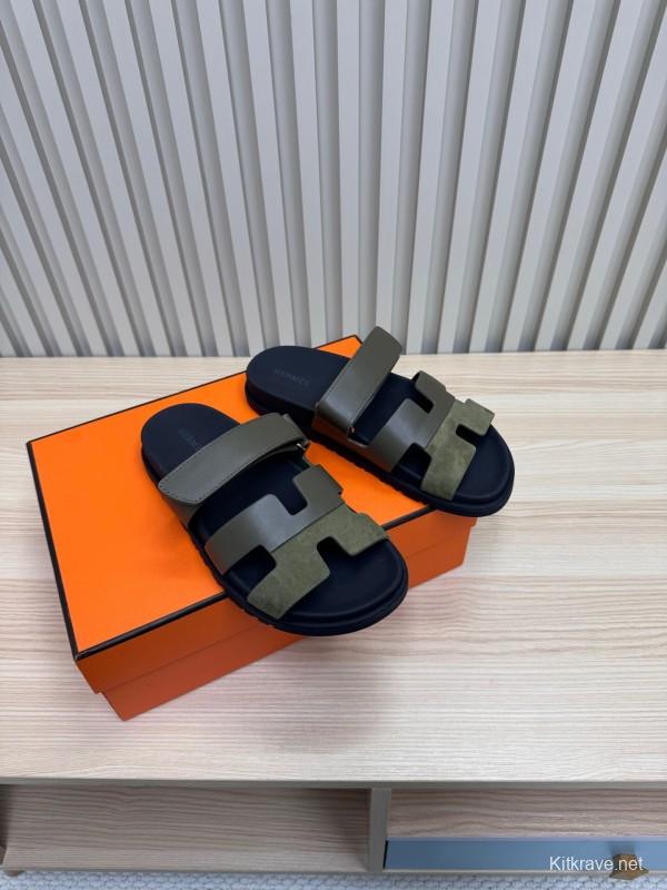 2025 Women Hermès Khaki Black Leather Slippers
