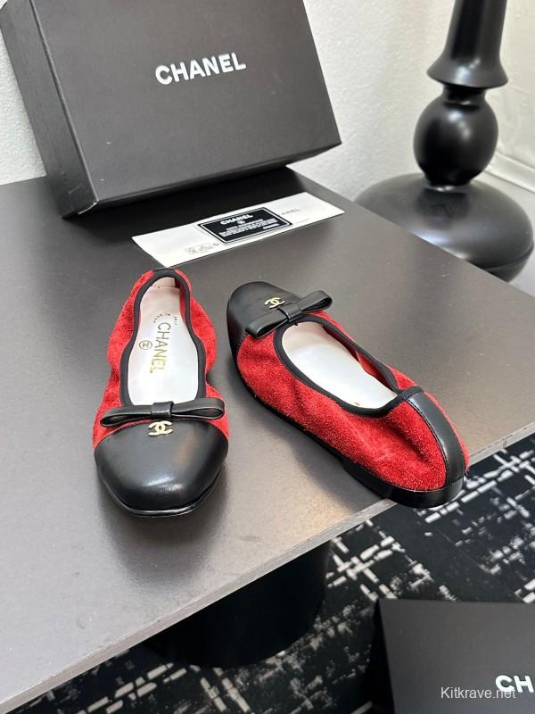 2025 Women CHANEL Red And Black Lambskin Ballet Flats Classic Bow Detail CC Logo LY00360(F)