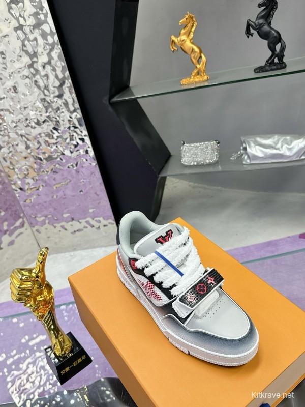 2024 Unisex Louis Vuitton White Gray Pink Leather Mesh Trainer
