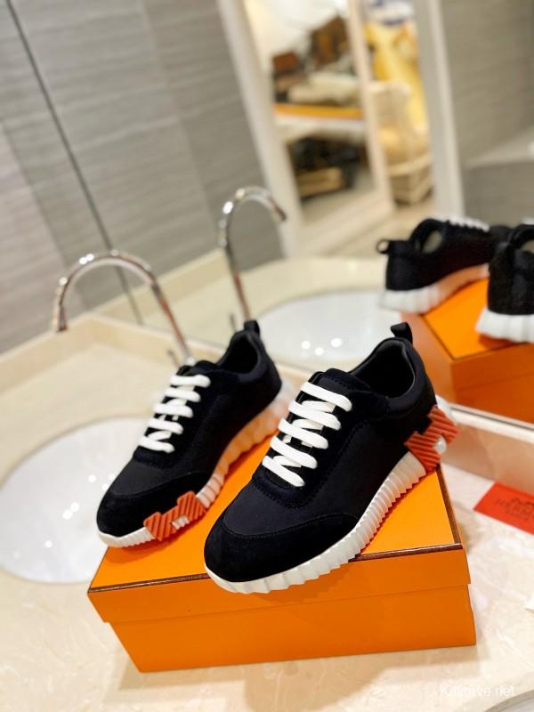 2024 Unisex Hermès Black Orange Imported Silk Calfskin Sneakers MJ00320