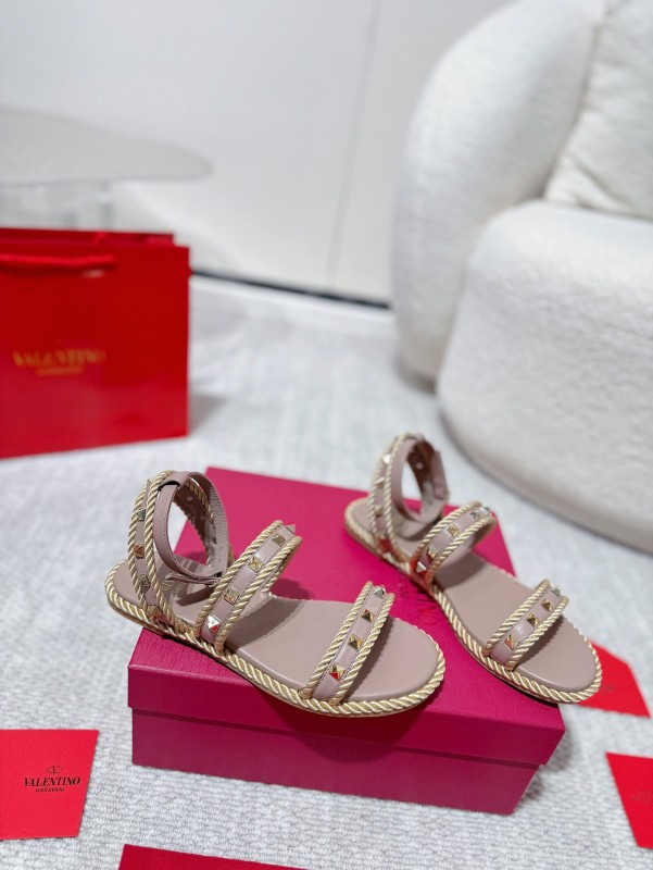 2025 Women Valentino Beige Leather Rope Espadrille Sandals LY00250