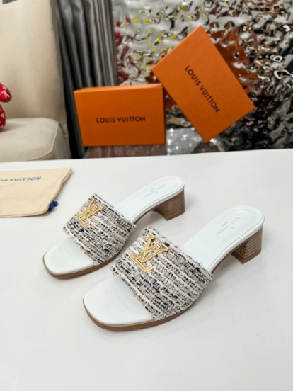 2025 Women Louis Vuitton White Brown Tweed Leather Sandals LY00220