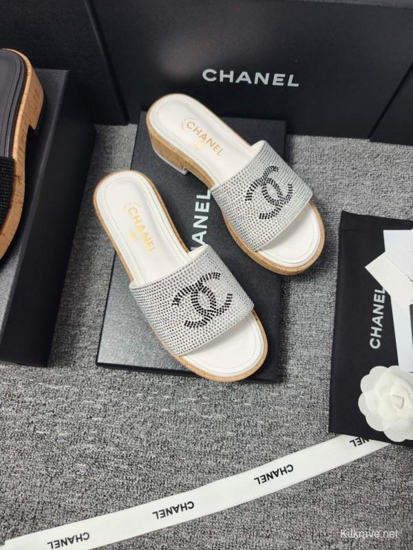 2025 CHANEL Silver Crystal Leather Slippers