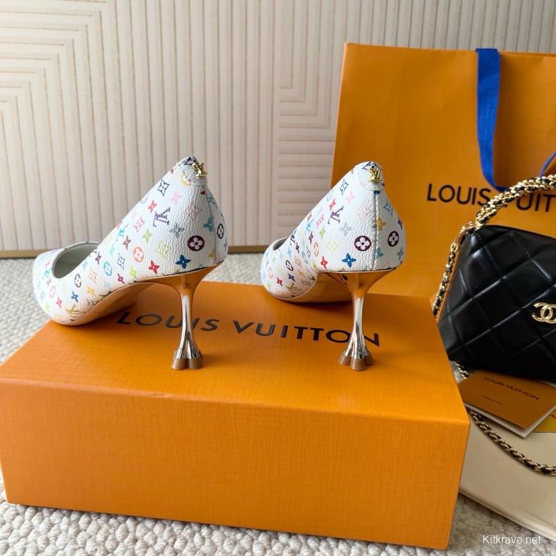 2025 Women Louis Vuitton White Multicolor Leather High Heel Shoes