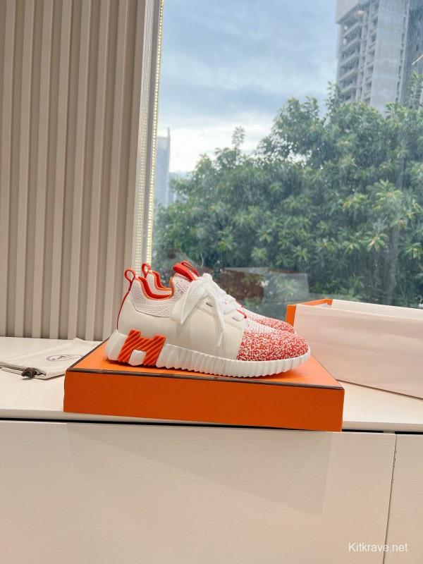 2024 Unisex Hermès white orange leather knit sneakers