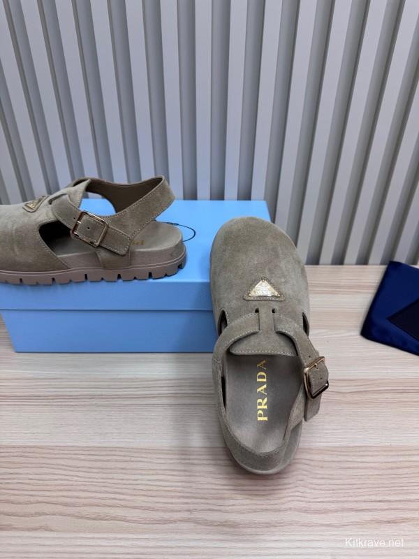 2025 Women Prada Khaki Suede Sandals LY00280