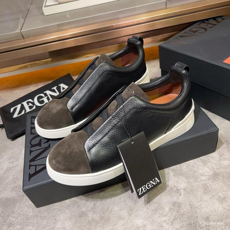 2024 Men Ermenegildo Zegna Black Brown Leather Suede Sneakers
