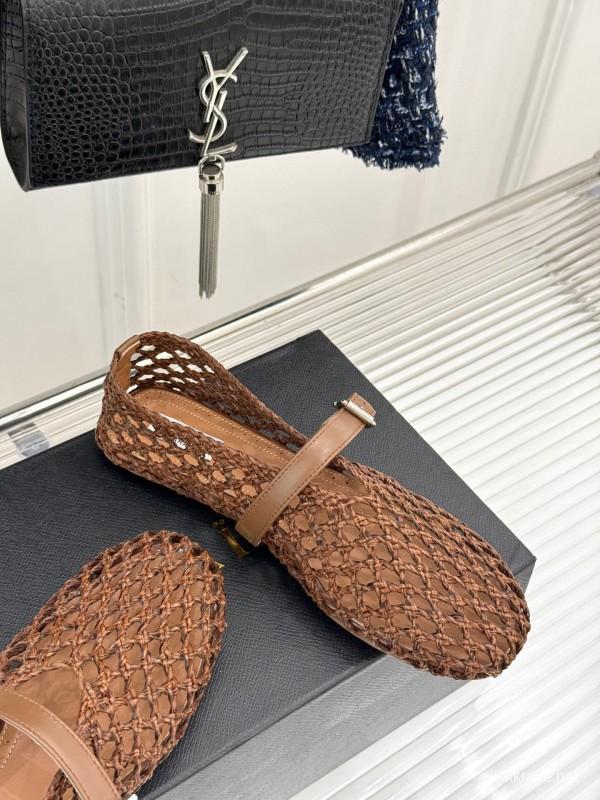 2025 Women AlAIA Brown Leather Woven Mary Jane Shoes