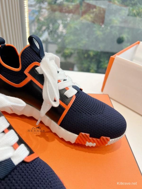 2024 Unisex Hermès navy orange knit leather sneakers