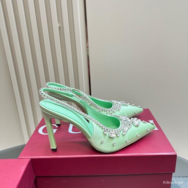 2025 Women Gucci Light Green Satin High Heel Slingback Rhinestone MJ00340