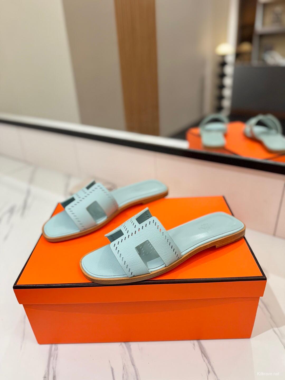 2025 Women Hermès Light Blue Leather Slippers