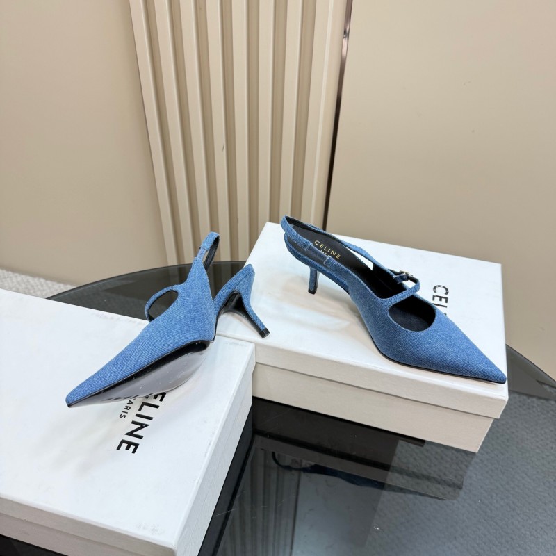 2025 Women CELINE Blue Denim Suede Slingback Pumps KFY00290