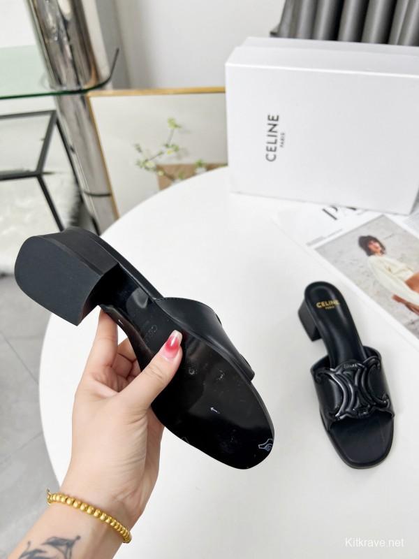 2025 Women Celine Black Leather Sandals