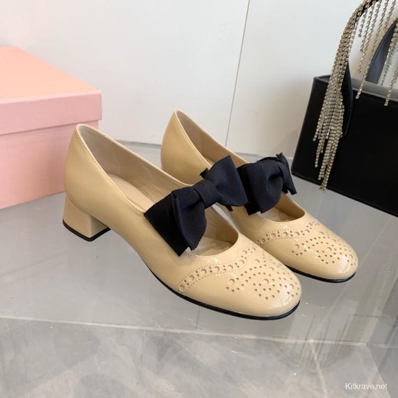 2025 Women Miu Miu Beige Black Leather Mary Jane Bow KFY00280