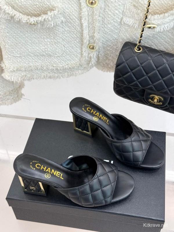 2025 Women Chanel Black Sheepskin Quilted High Heel Sandals