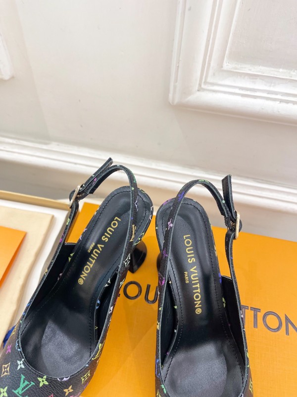 2025 Women Louis Vuitton Black Multicolor Leather Slingback Heels KFY00280