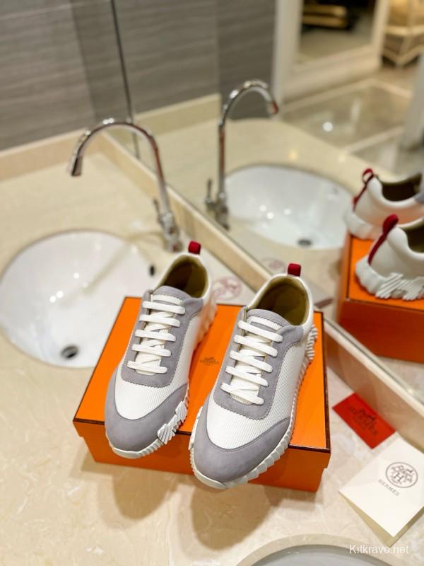 2024 Unisex Hermès White Grey Silk Leather Sneakers MJ00320