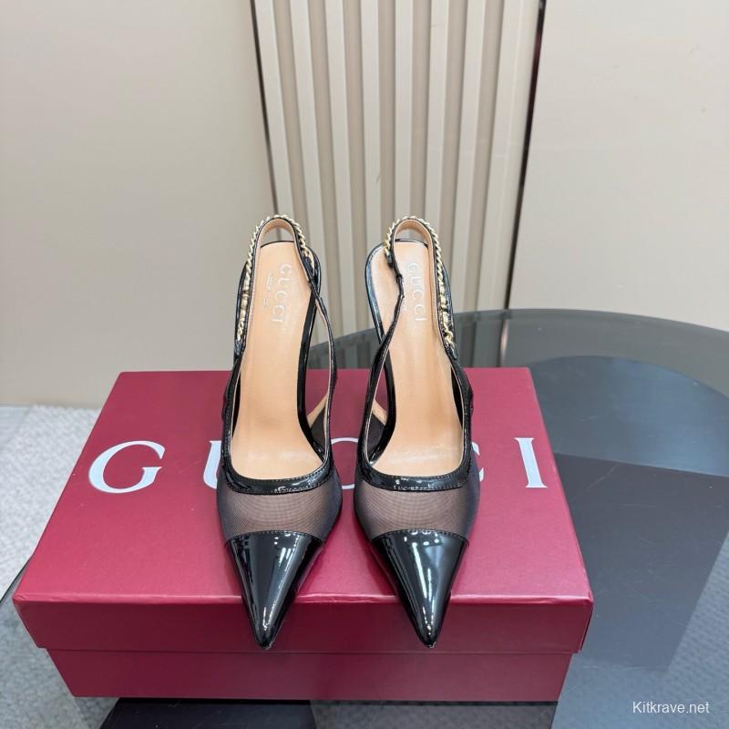 2025 Women Gucci Black Mesh Chain Strap High Heel Pumps KFY00300(F)