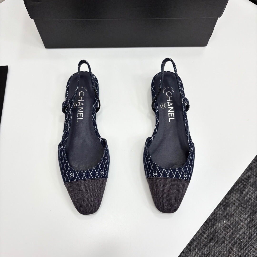 2025 Women Chanel Navy Blue Grey Fabric Leather Slingback LY00000