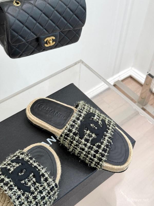 2025 CHANEL Black White Tweed Slippers