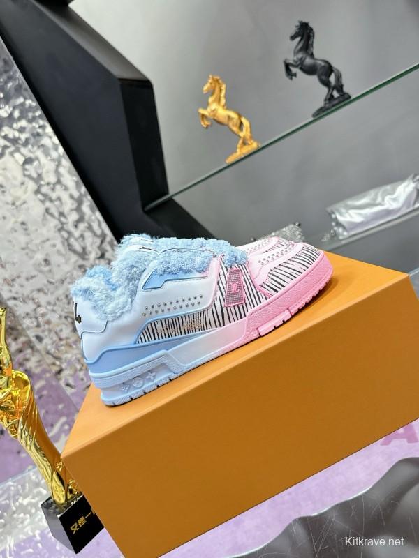 2024 Unisex Louis Vuitton Blue Pink Leather Sneakers