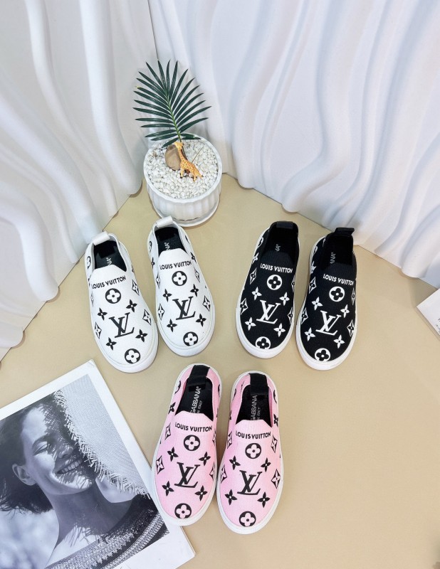 2024 Kids Louis Vuitton White Black Pink Canvas Slip-On Sneakers