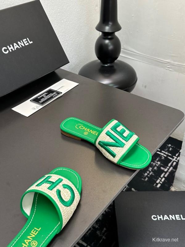 2025 Women Chanel Green Canvas Slippers