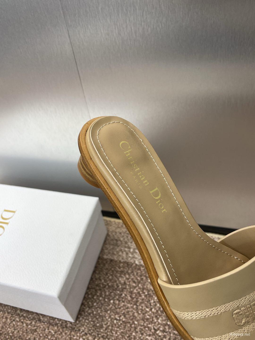 2025 Women Dior Beige Fabric Slide Sandals KFY00300