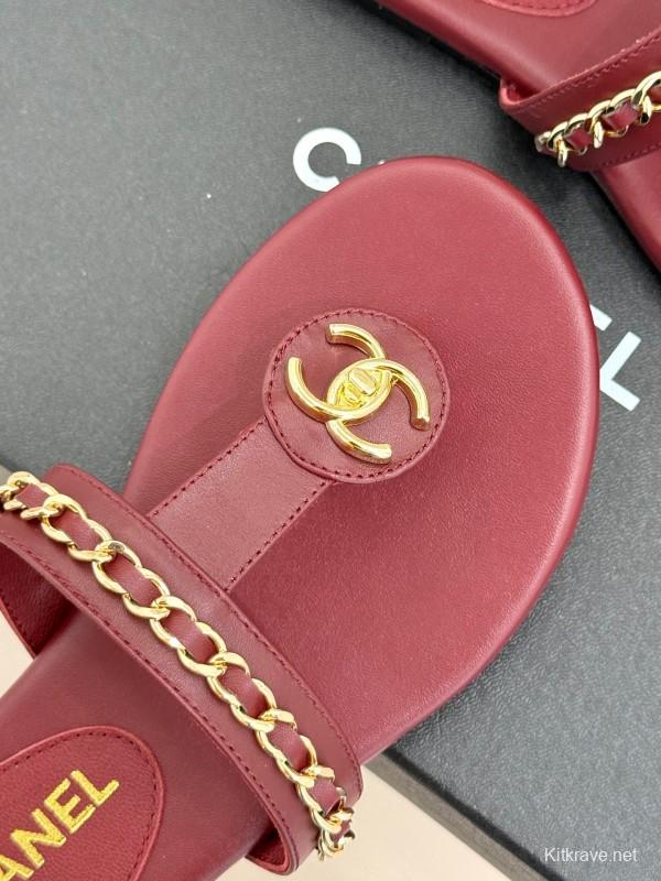 2025 Women Chanel Red Lambskin Chain Sandals KFY00250
