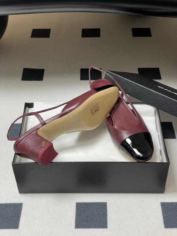 2025 Women Chanel Burgundy Black Leather Sling-back Chunky Heel