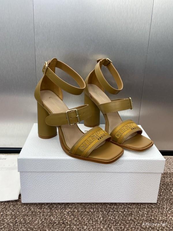2025 Women Dior Yellow Leather Embroidered High Heel Sandals