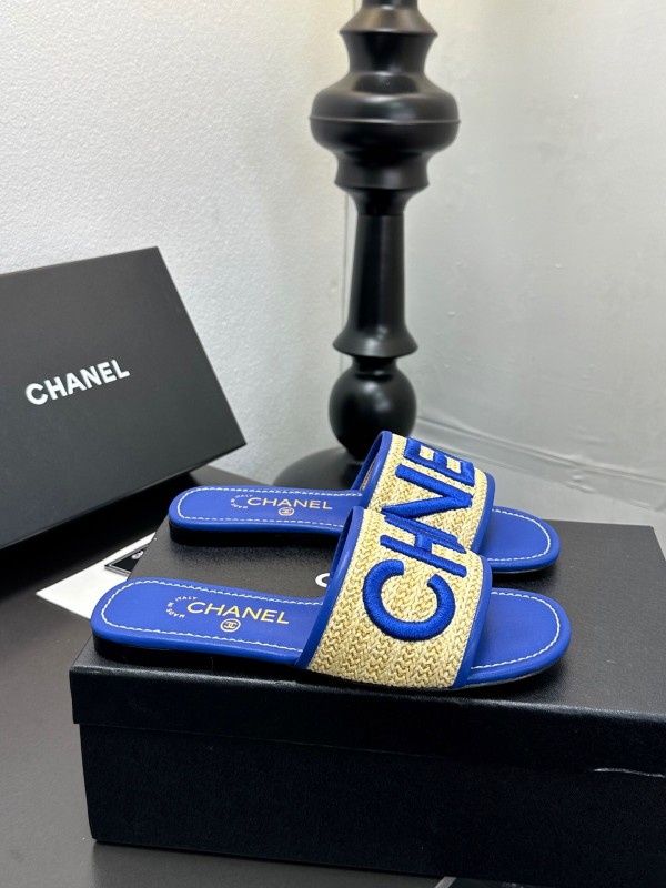 2025 Women CHANEL Blue Beige Canvas Slippers