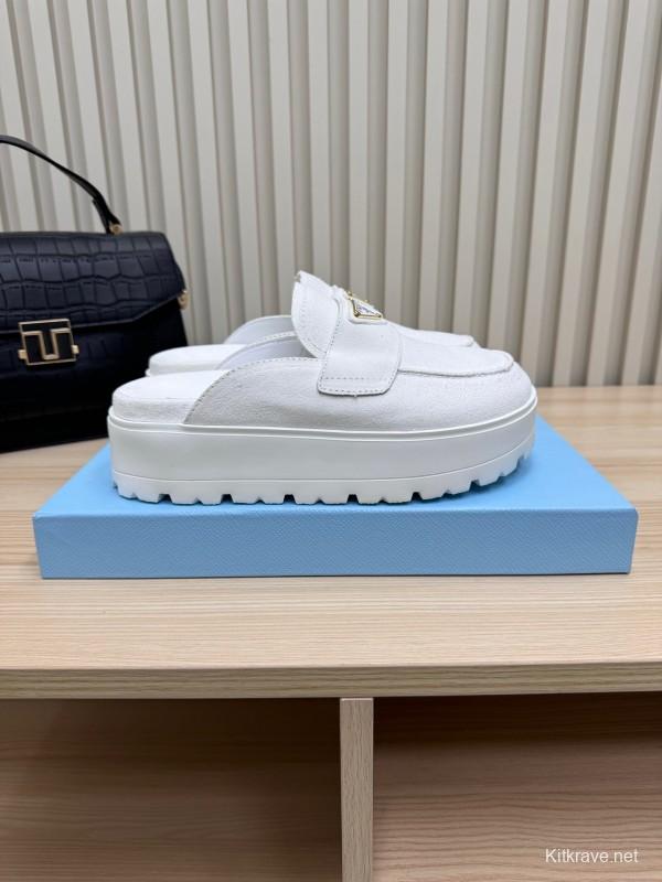 2025 Women Prada White Canvas Platform Loafers