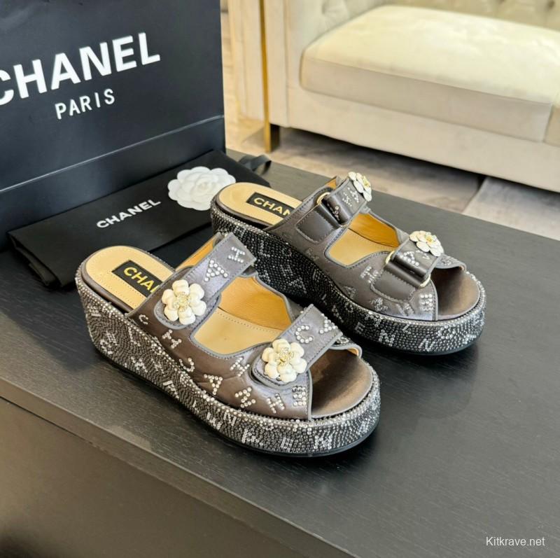 2025 CHANEL Grey Leather Platform Slippers LY00330