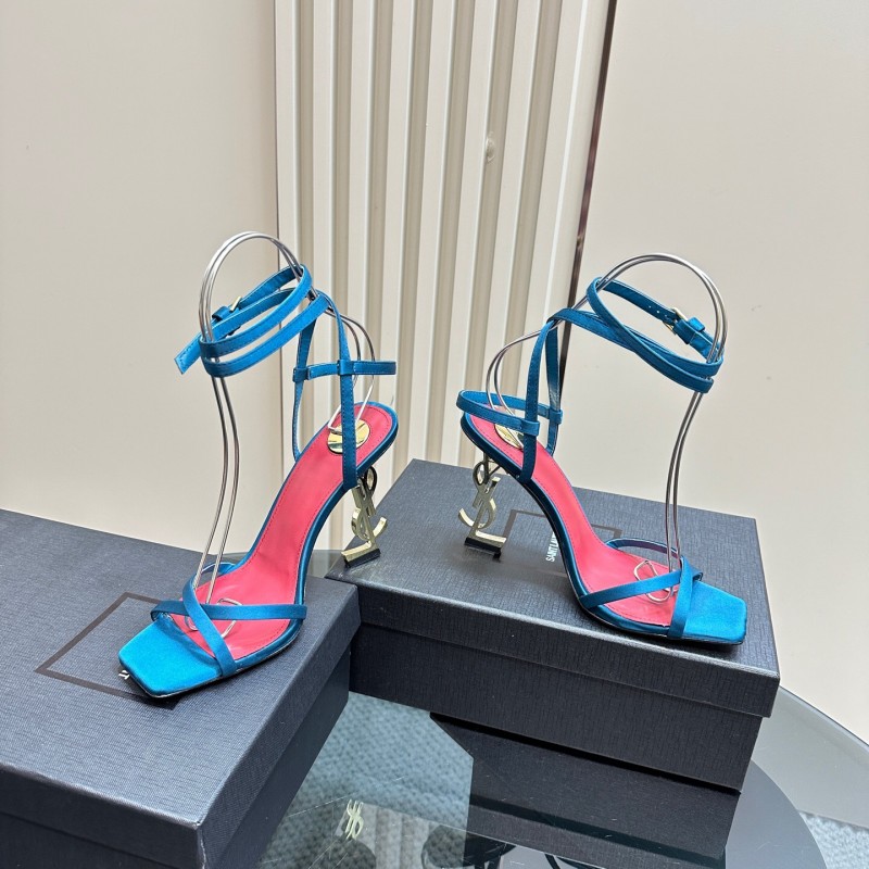 2025 Women Yves Saint Laurent Blue Silk High Heel Sandals KFY00290