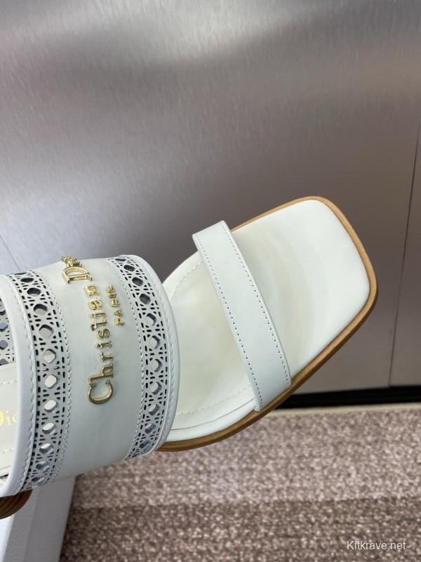 2025 Women Dior White Leather Slide Sandals