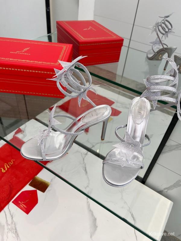 2025 Women RC Silver Crystal Leather High Heels Spiral Strap LY00340