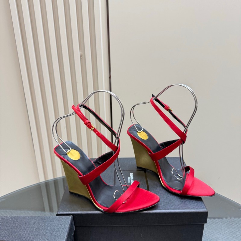 2025 Women Yves Saint Laurent Red Silk Wedge Sandals Elegant Craftsmanship LY00360(F)