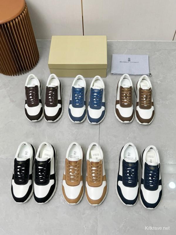 2024 Unisex Brunello Cucinelli Black White Suede Calfskin Leather Sneakers MJ00360