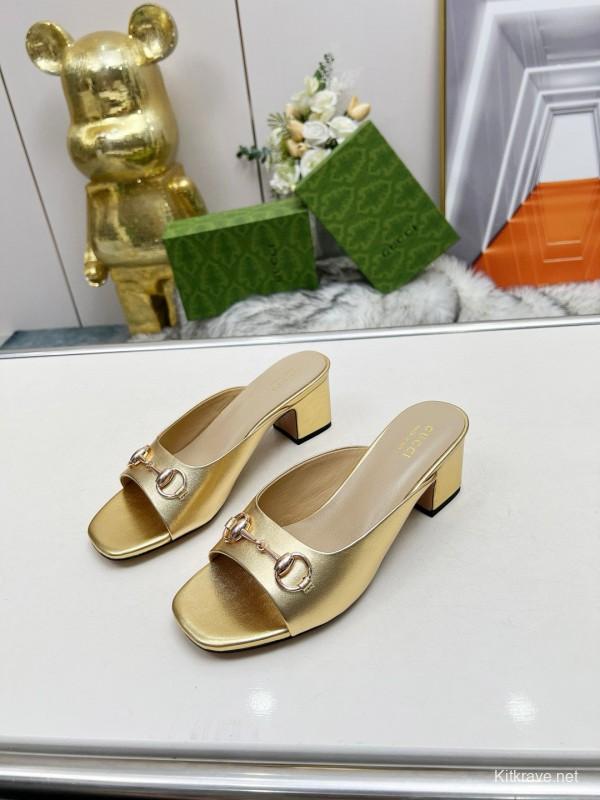 2025 Women Gucci Gold Leather Heeled Slip-On Horsebit MJ00180