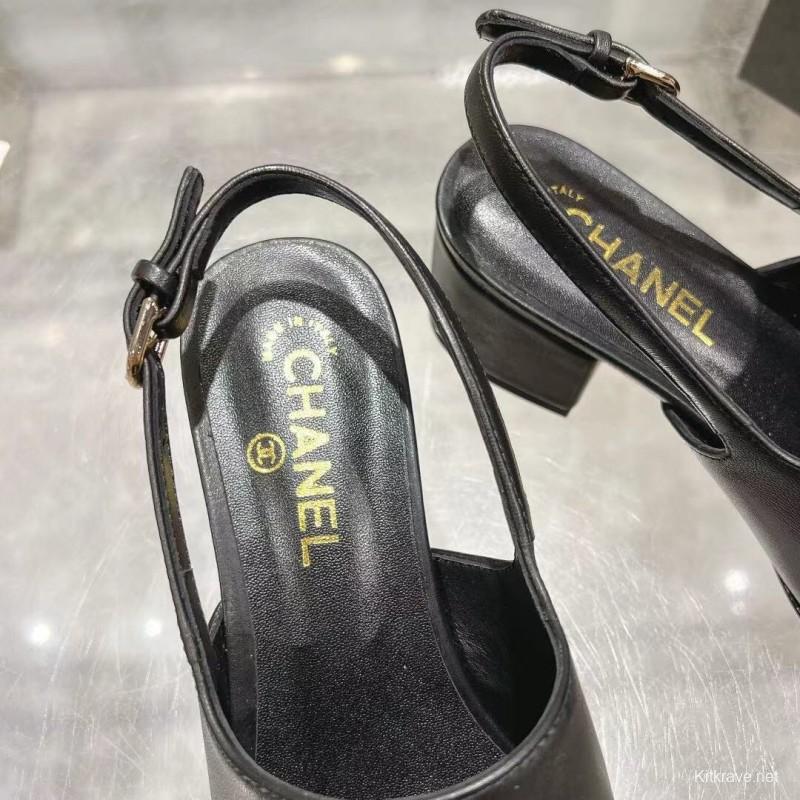 2025 Women Chanel Black Leather Slingback Heels LY00300