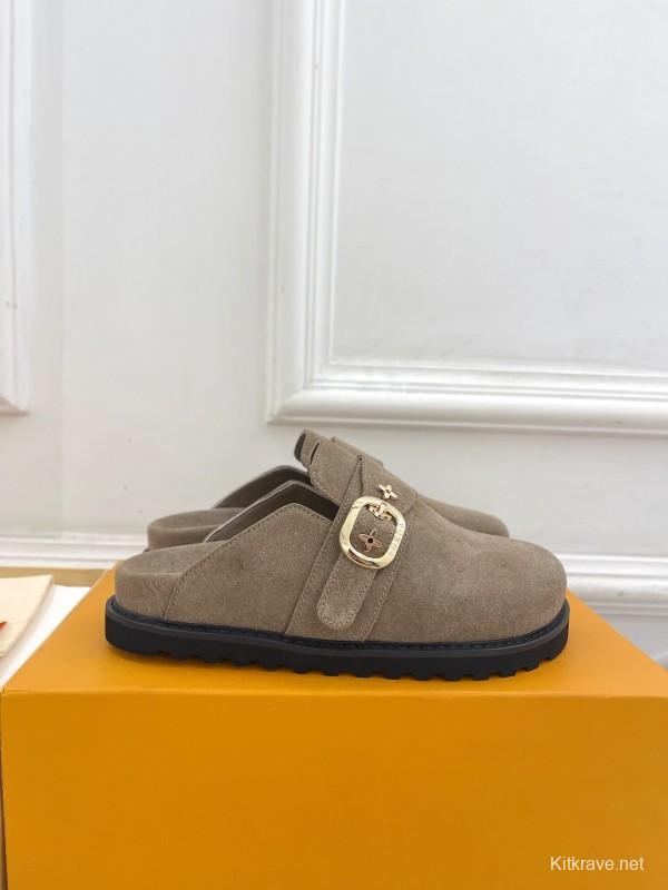 2025 Women Louis Vuitton Brown Suede Slippers Flower Buckle KFY00300