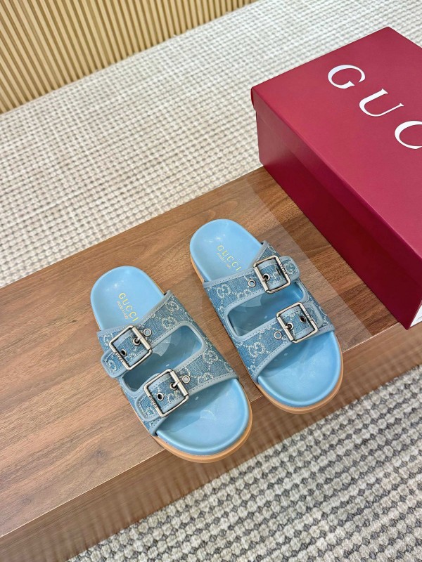 2025 Women Gucci Light Blue Canvas Leather Sandals